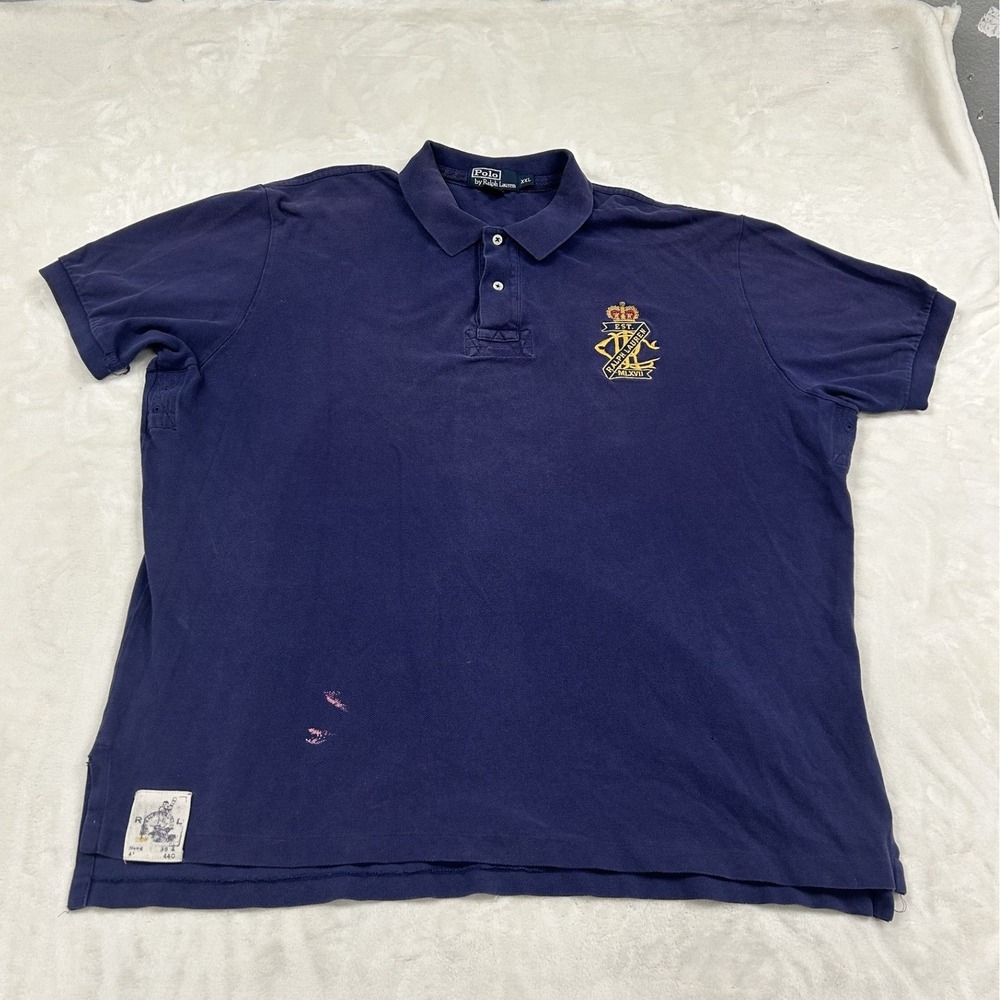 Polo Ralph Lauren Polo Shirt Mens XXL Navy Blue Crest Graphic Distressed 1472